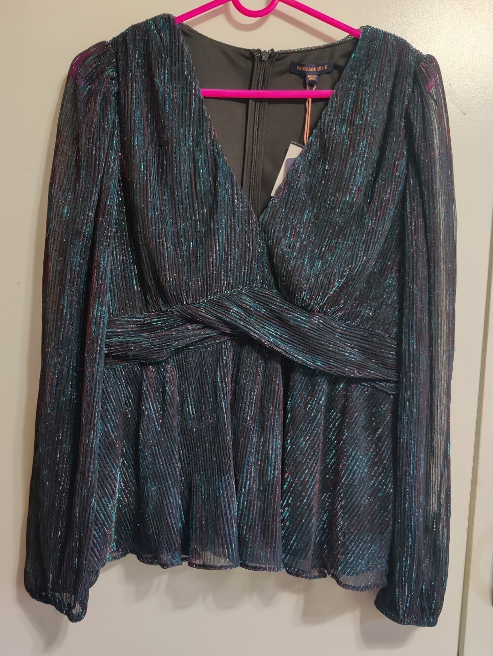 Skies Are Blue Metallic Shimmer Wrap Blouse